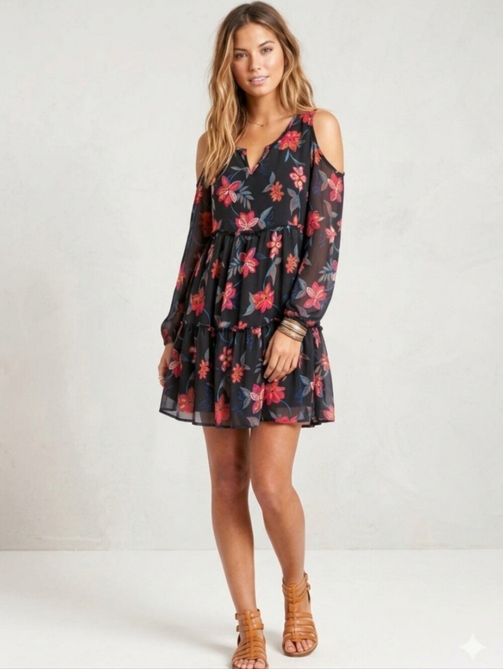 Hollister Floral Cold Shoulder Long Sleeve Boho Chiffon Mini Dress Size Med